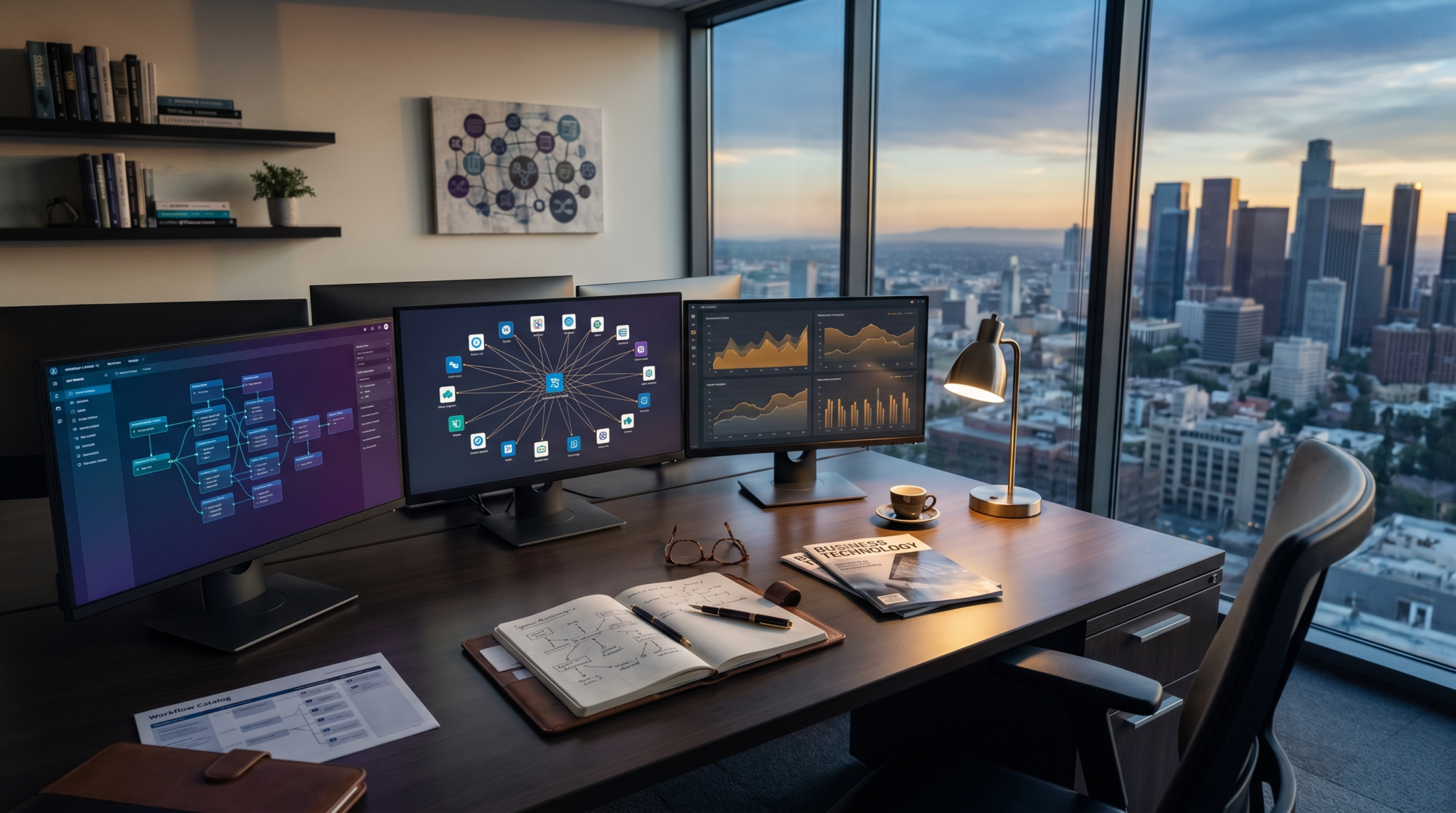 AI workflow automation agency workspace with multi-system orchestration dashboard