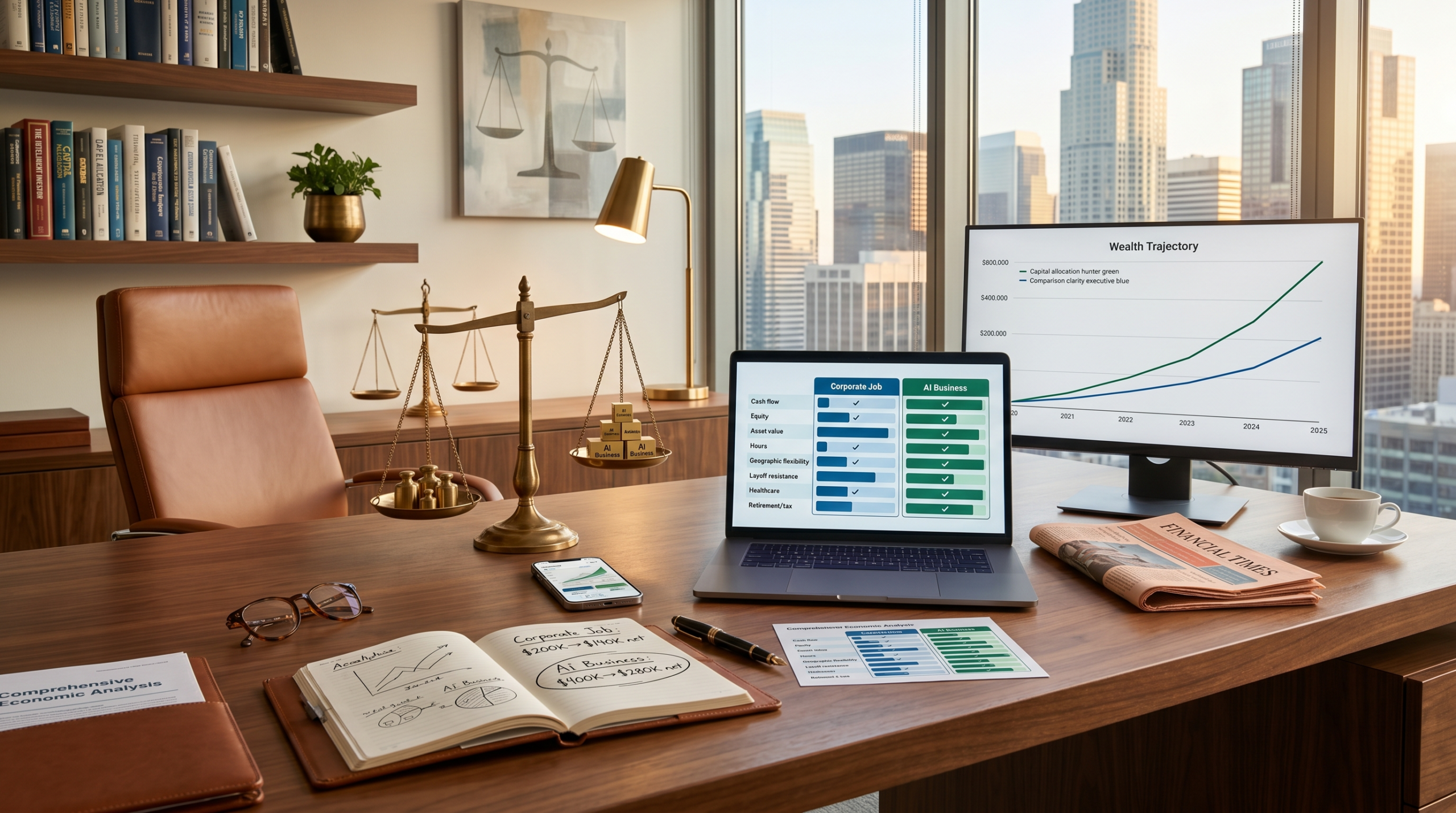 AI business that pays more than corporate job workspace with compounding-asset comparison and wealth-building math