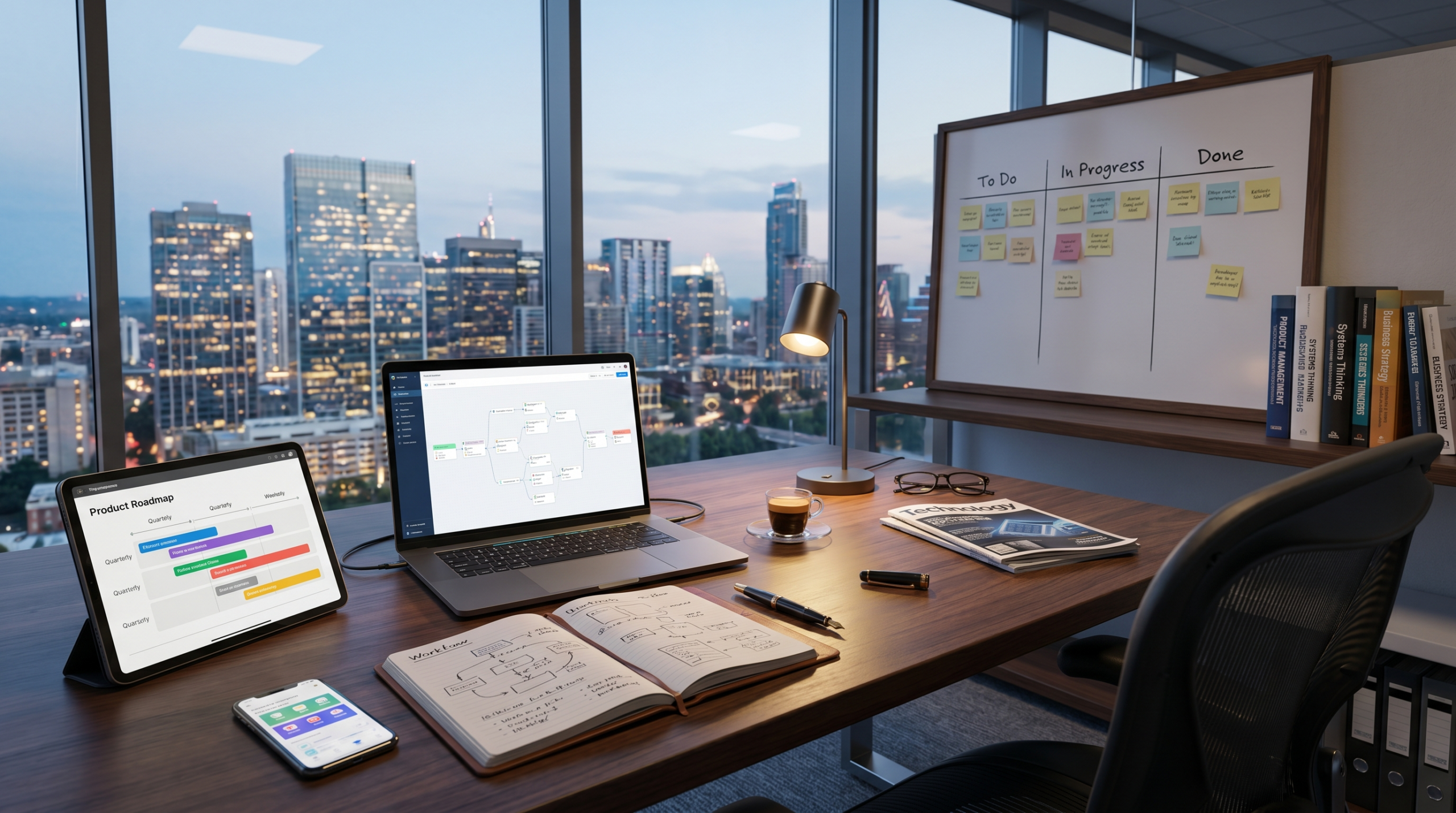 AI consulting career pivot for product managers workspace with workflow design and PM skill-set translation