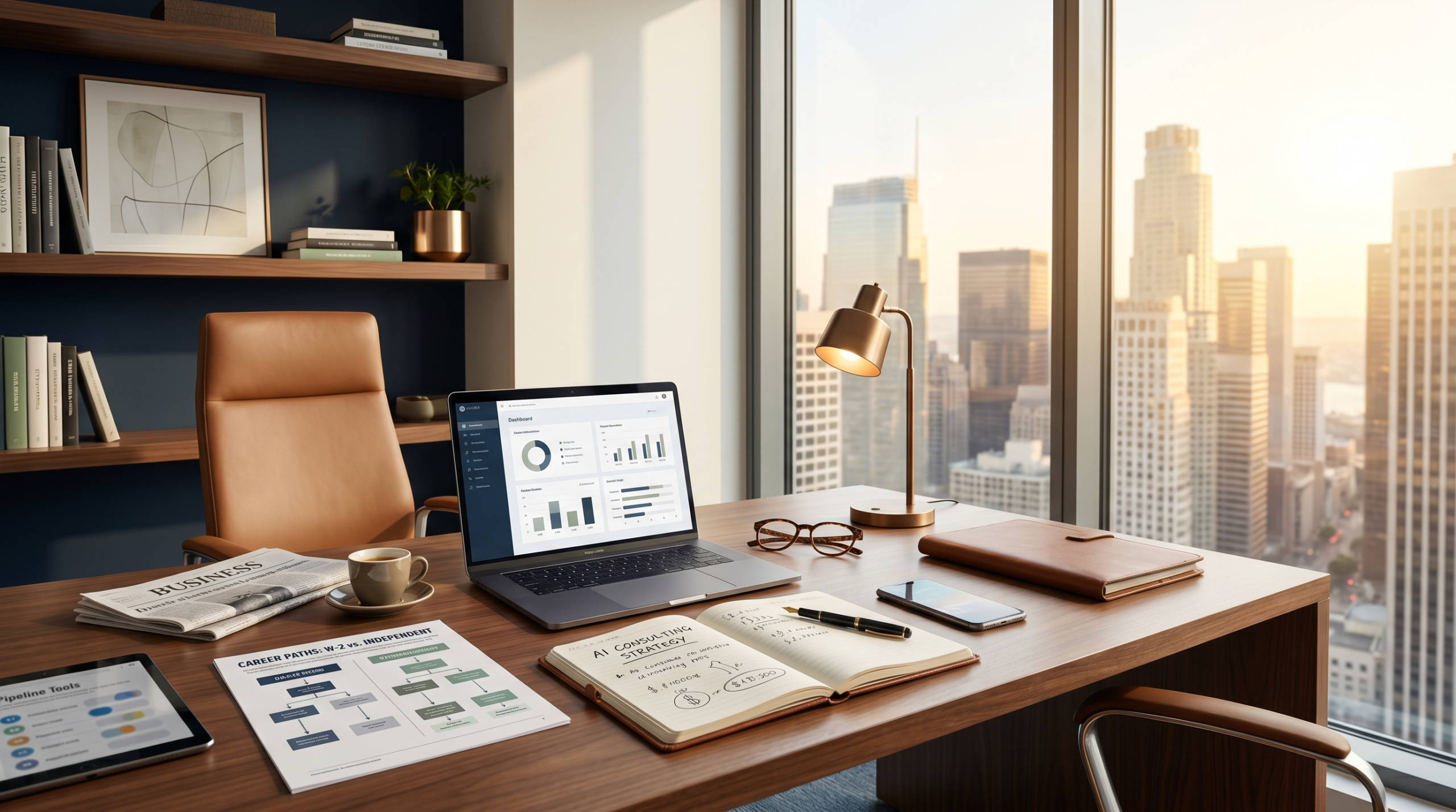 AI consulting careers home office workspace with career transition planning