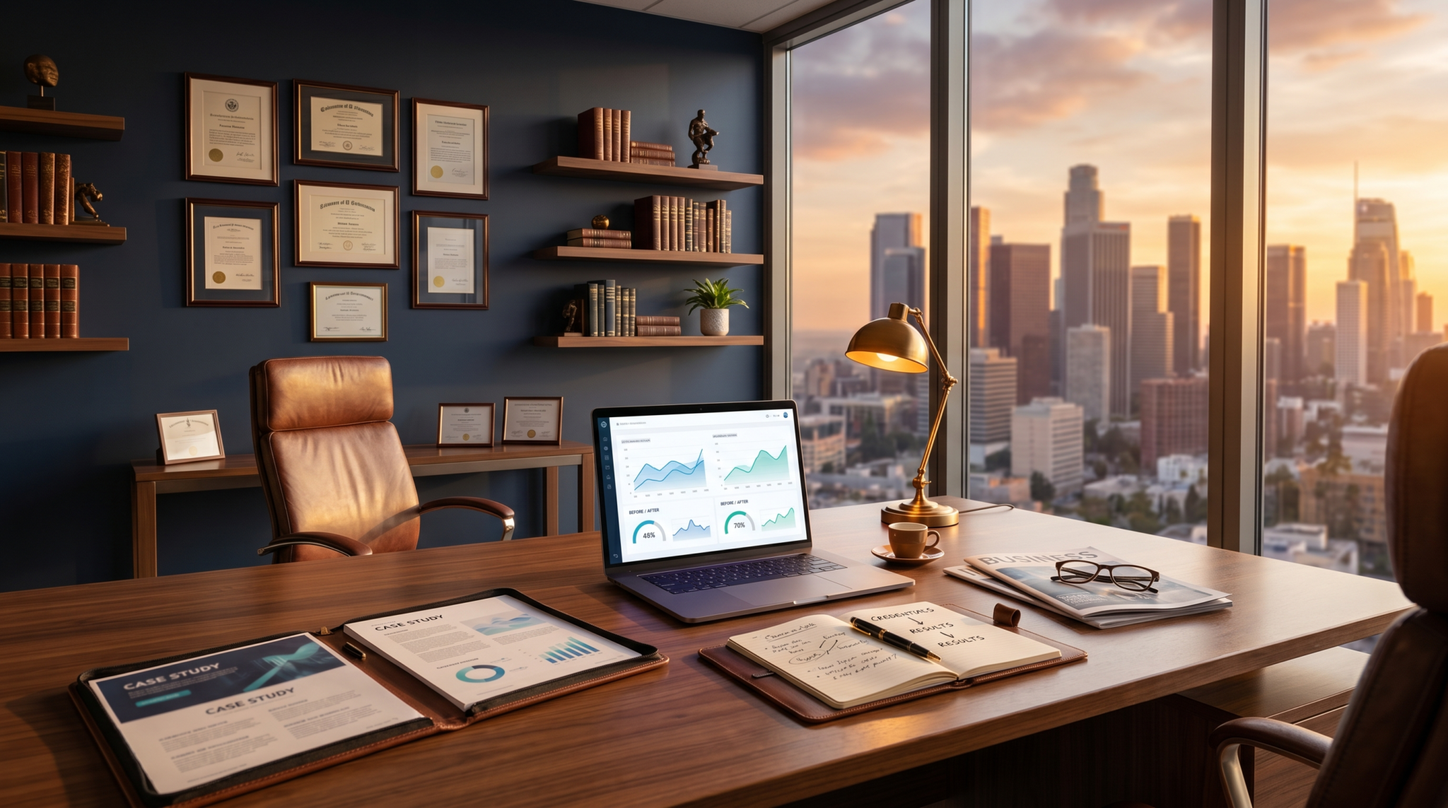 AI consulting certification credentials desk with framed documents and client case studies