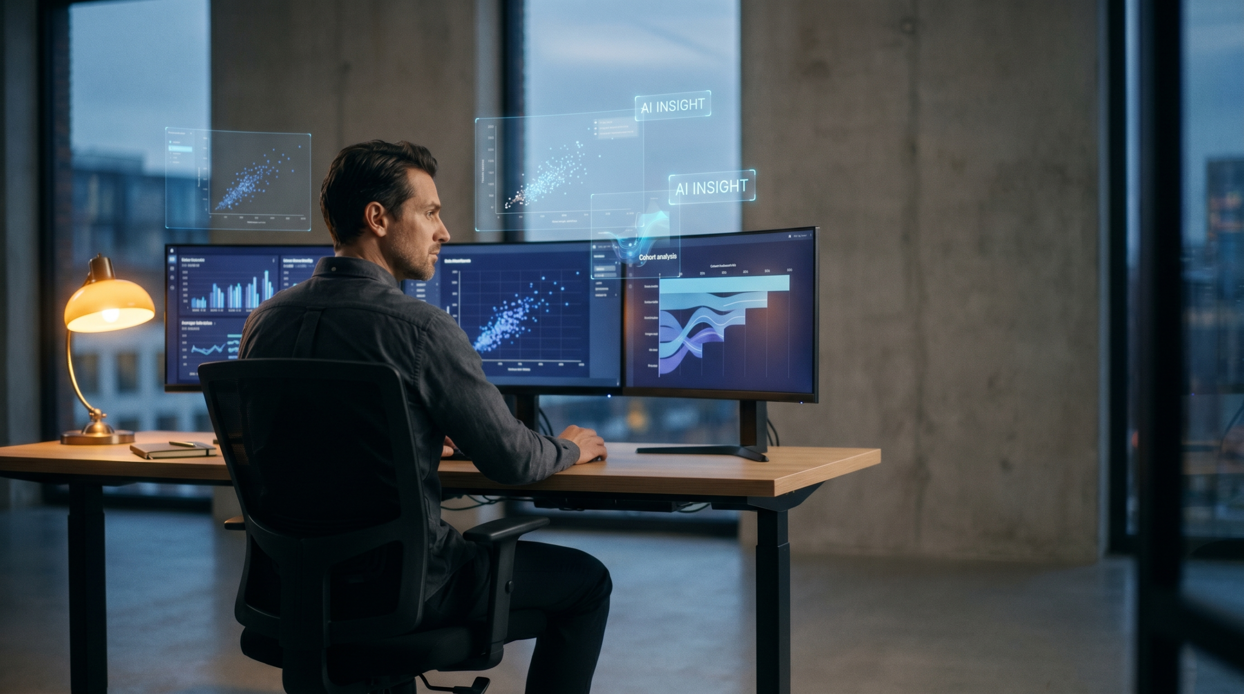 AI consulting for former data analysts workspace with analytics dashboard and data infrastructure architecture
