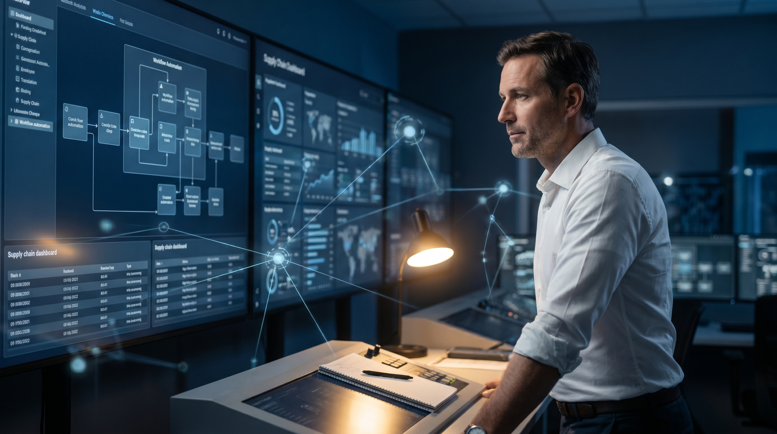 AI consulting for former operations executives workspace with workflow orchestration diagrams and process redesign architecture