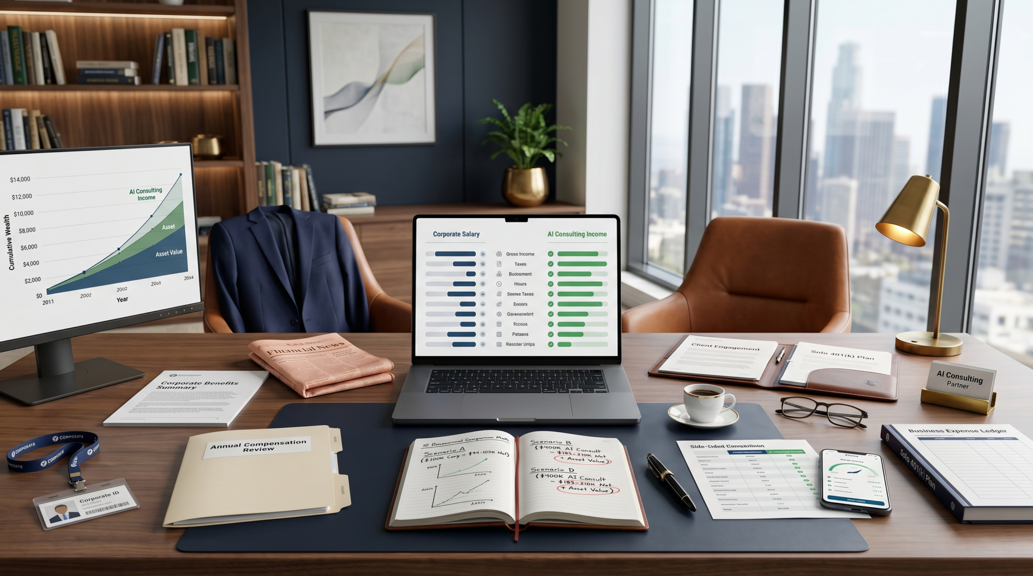 AI consulting income vs corporate salary comparison workspace with side-by-side financial analysis worksheet