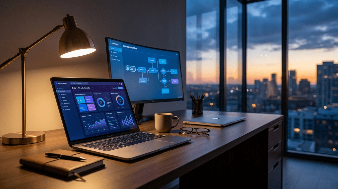 AI consulting on the side while keeping day job workspace with laptop, evening lighting, and dual-monitor setup