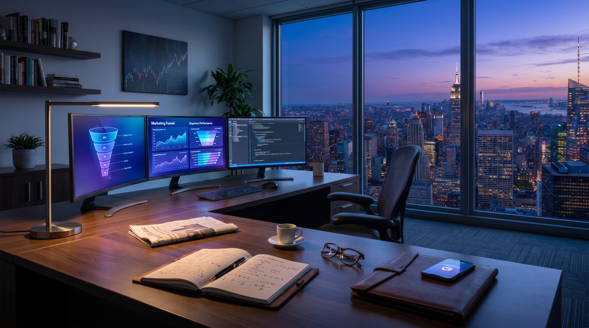 AI marketing operator workspace with dashboards and campaign analytics