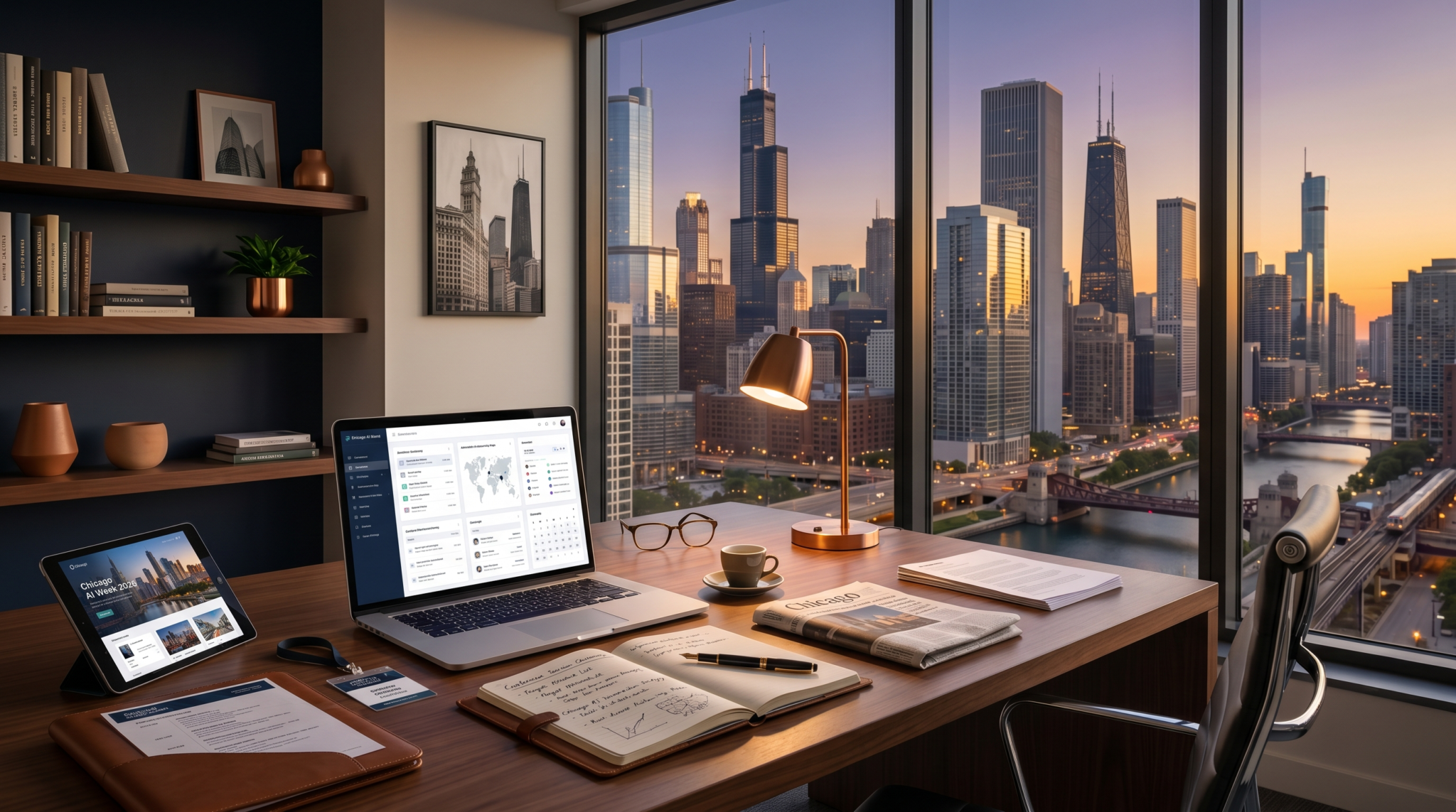 Chicago AI Week 2026 conference workspace with Chicago skyline and event planning materials