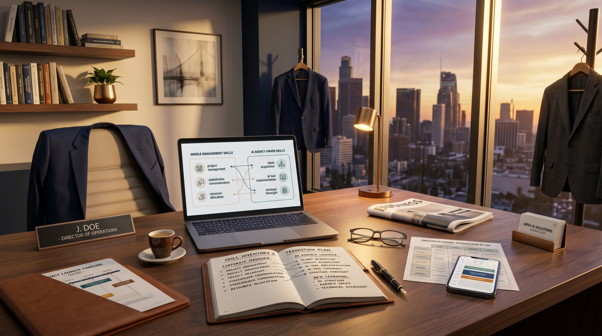 From middle manager to AI agency owner workspace showing identity transition from corporate to operator