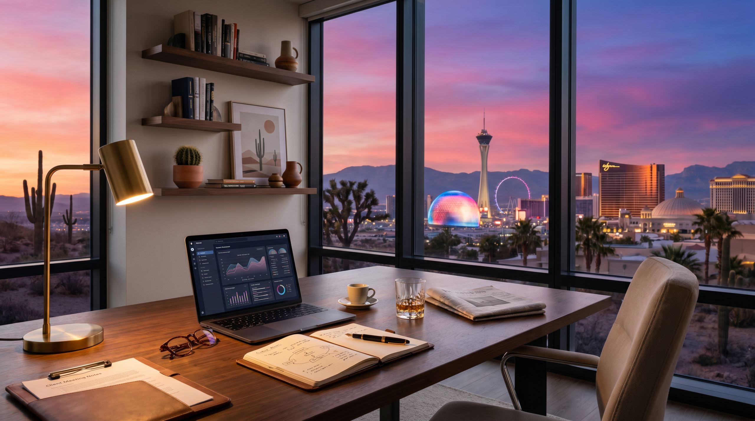 How to start an AI consulting business in Las Vegas Strip Sphere skyline workspace