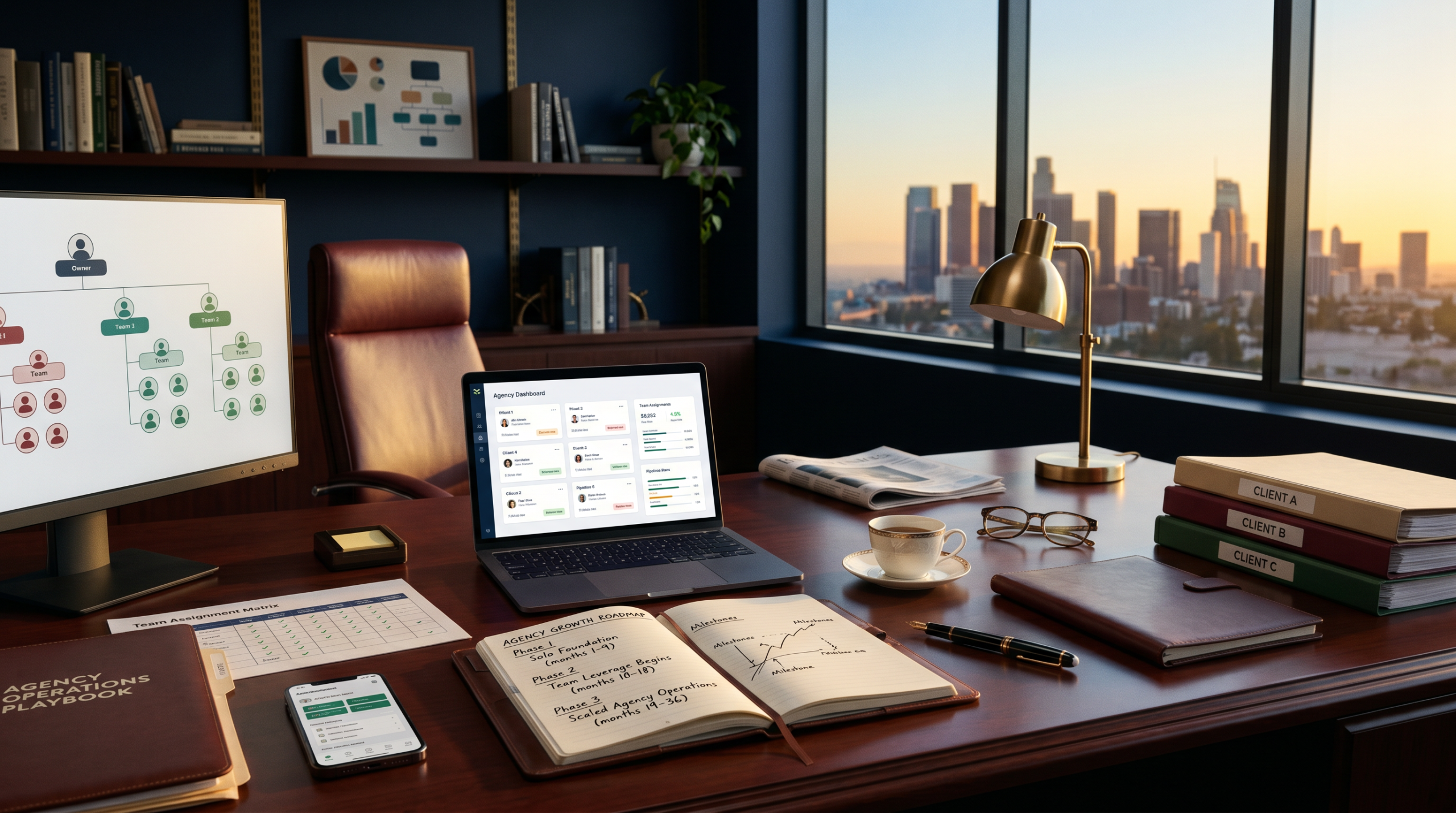 Replace six figure income with AI agency workspace with team-leverage organizational chart and growth milestones