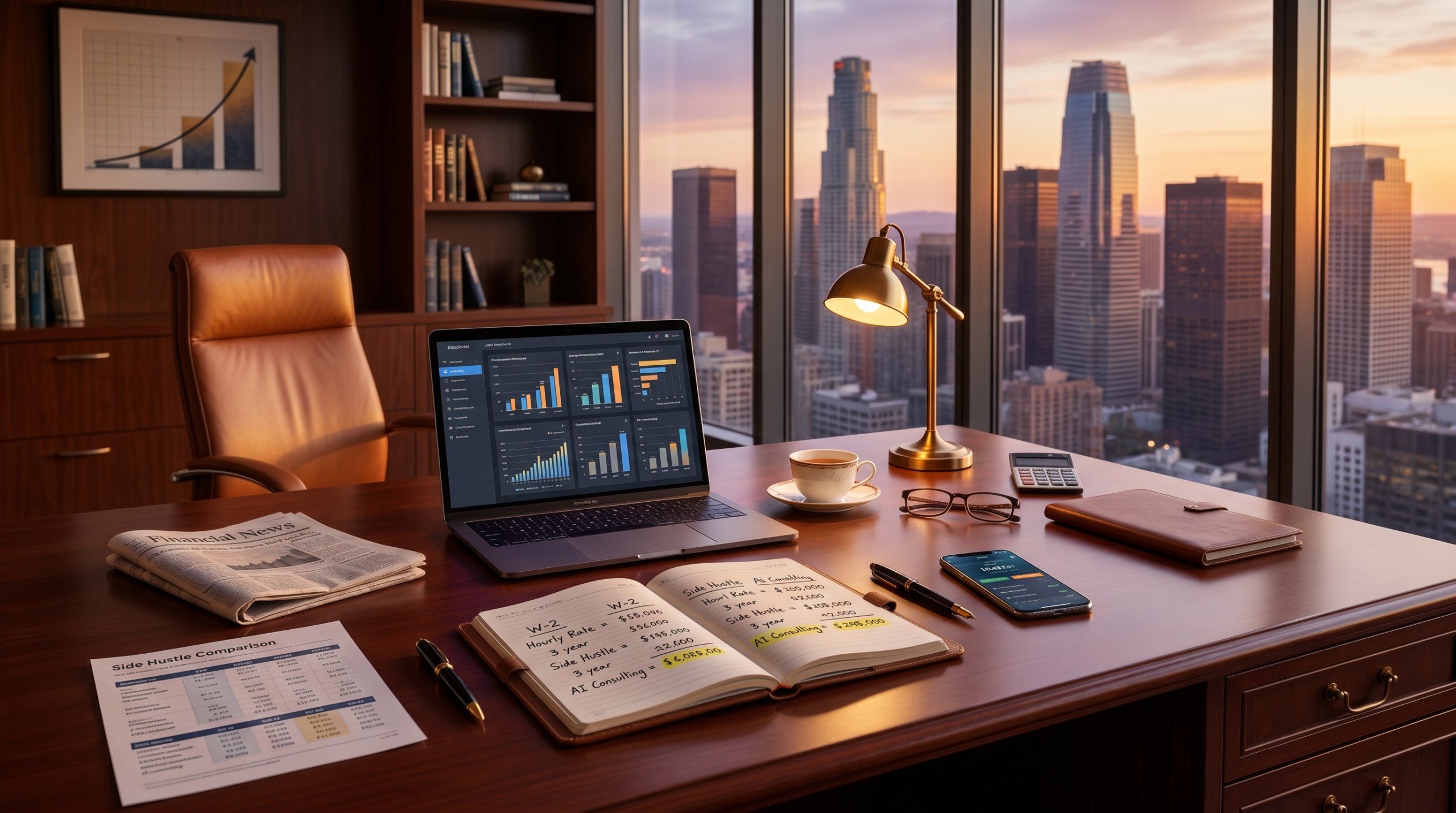 Six figure earner side hustle AI consulting workspace with capital allocation and time-value analysis
