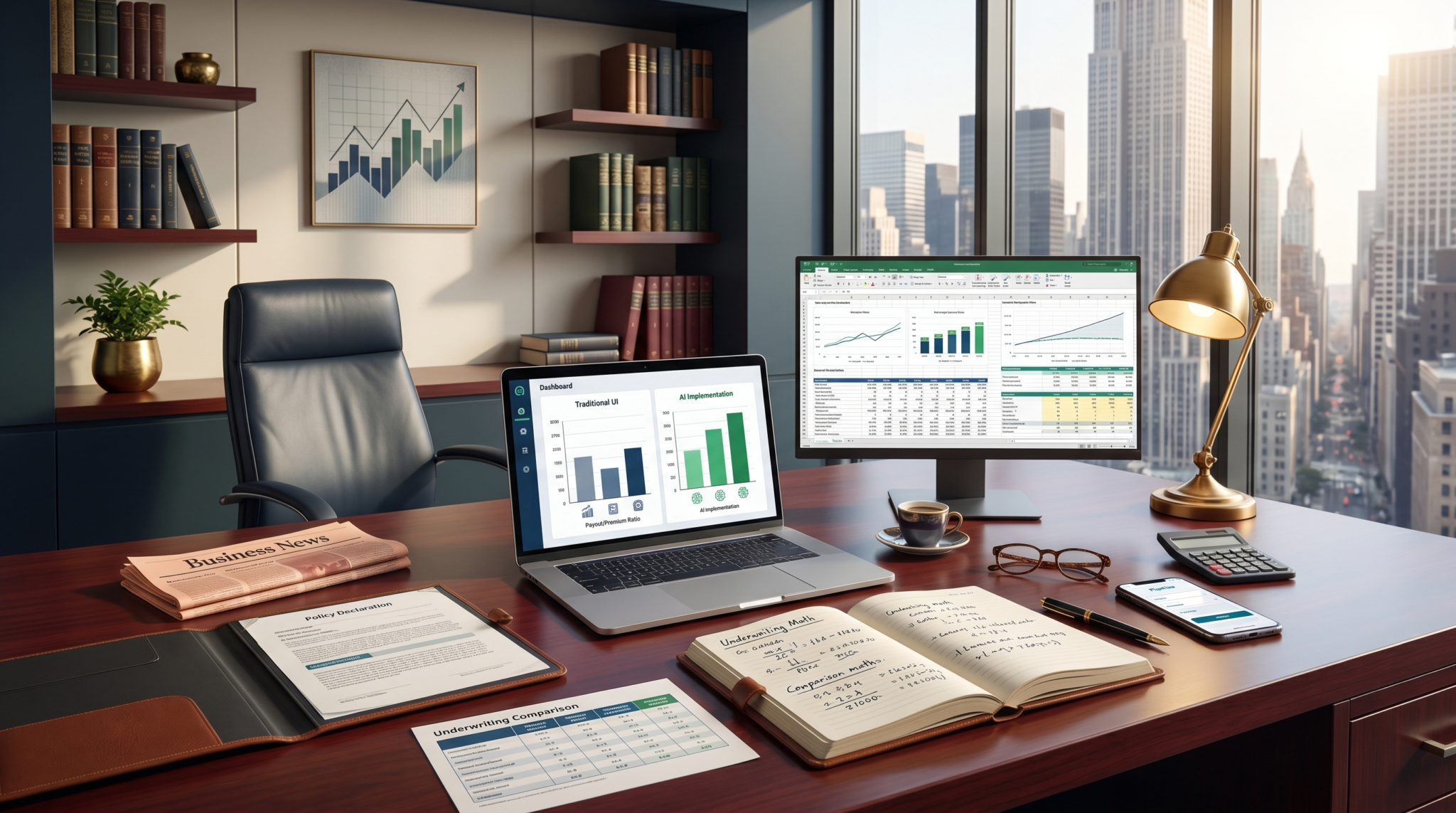 White collar layoff insurance AI business workspace with policy and pipeline analysis