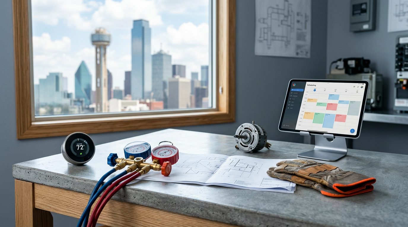 AI agent for HVAC companies workspace with dispatch screens and a summer skyline