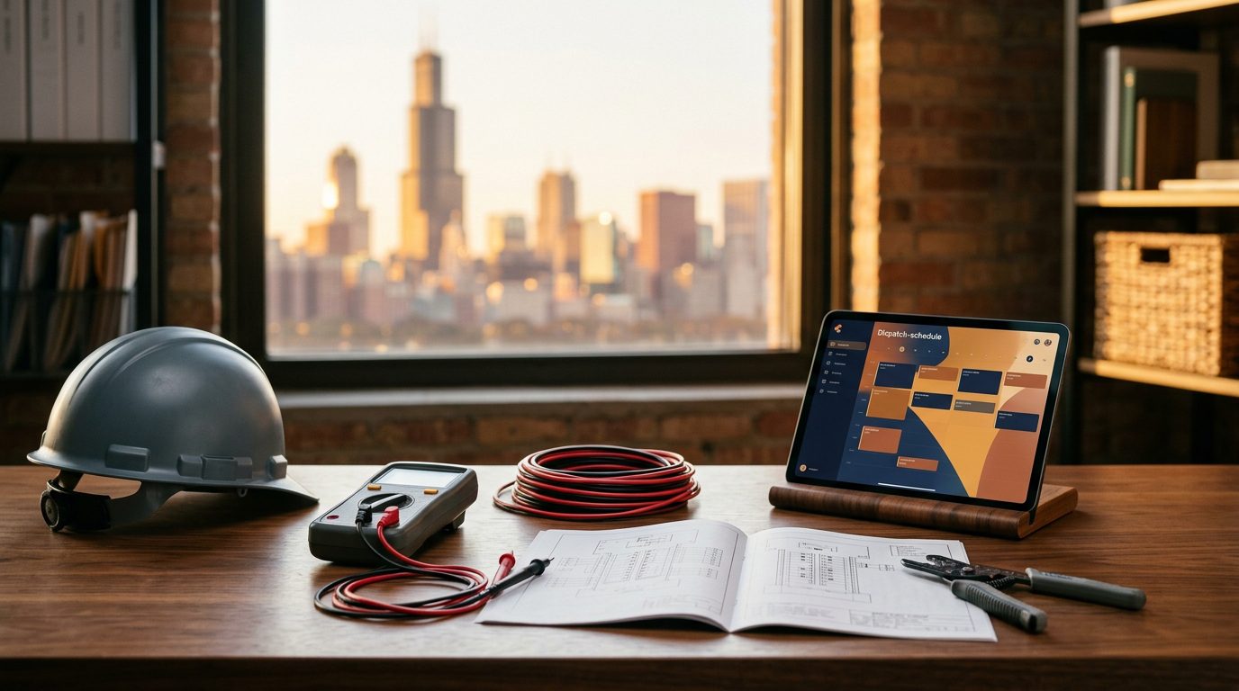 AI agent for electrical contractors workspace with service-dispatch screens and a city skyline