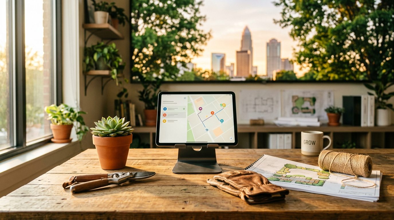 AI agent for landscaping companies workspace with route-planning screens and a city skyline