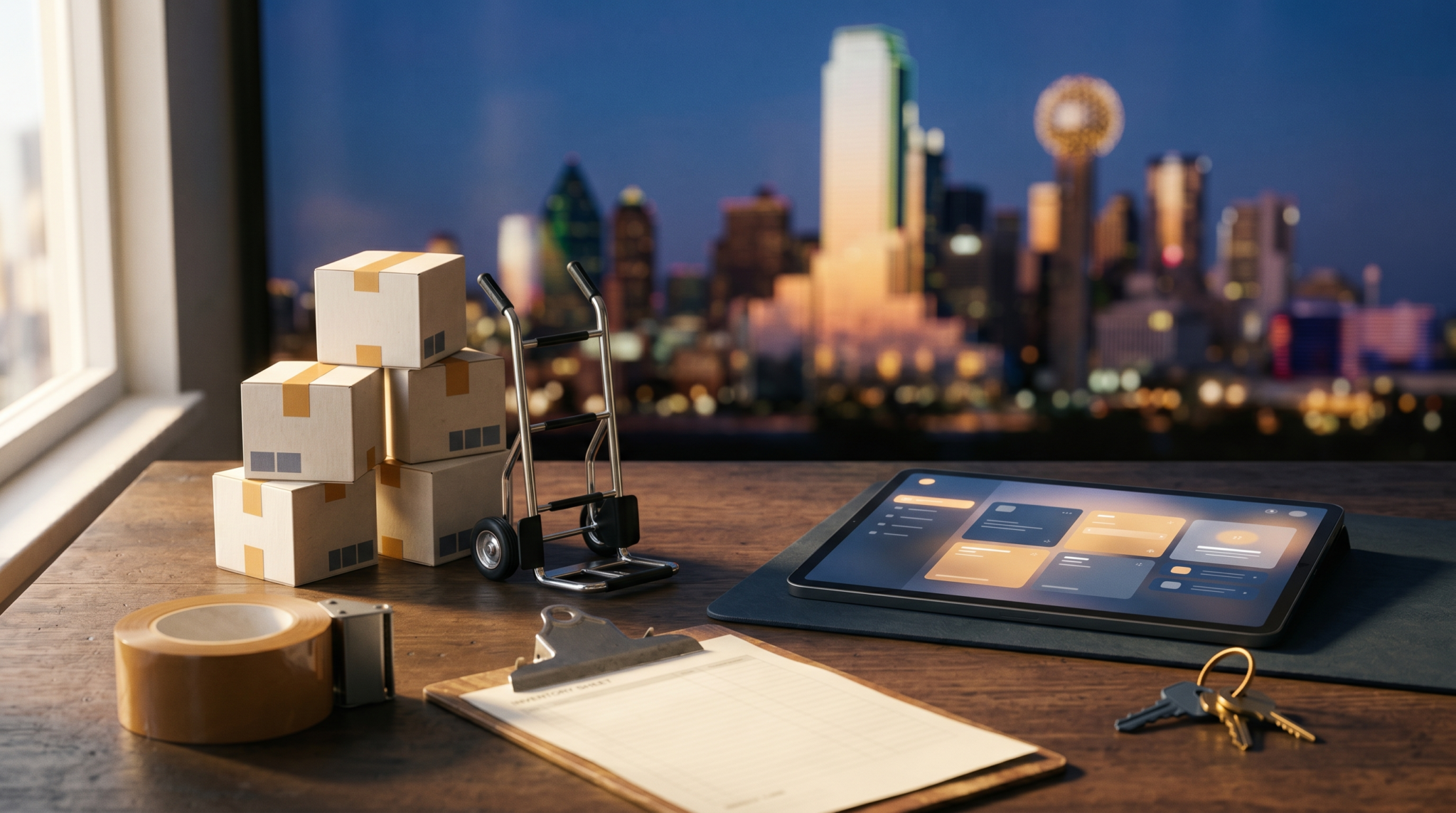 ai agent for moving companies workspace with packing boxes and scheduling tablet