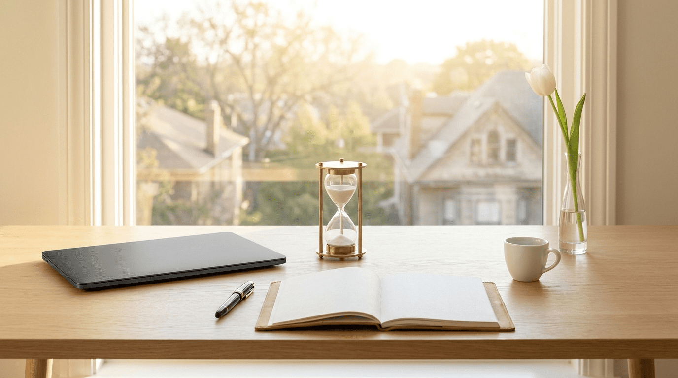 AI agency 10 hours per week workspace with focused Saturday morning setup, laptop, and weekly planning calendar