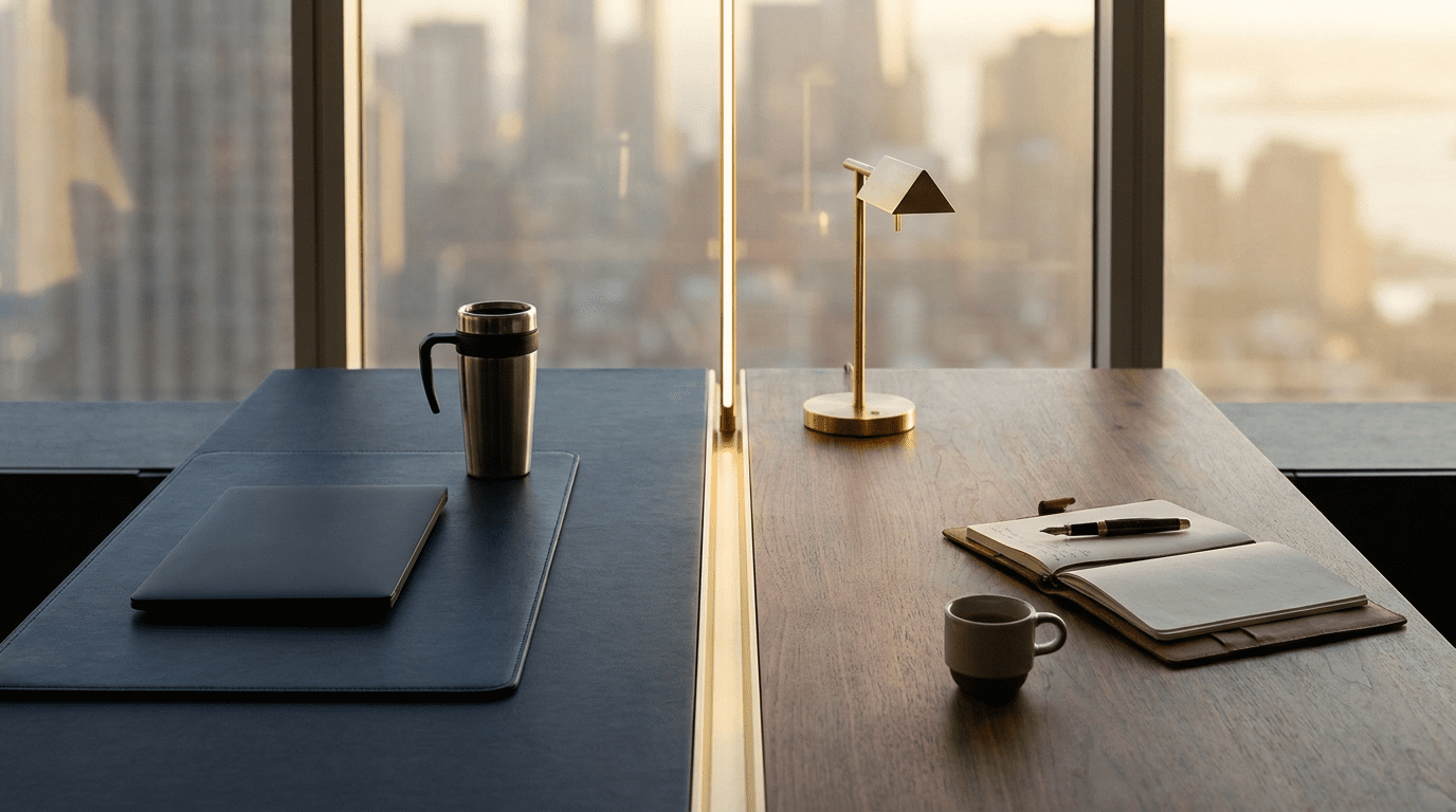 AI automation side business no quitting required workspace with dual monitor showing day job and side business dashboards