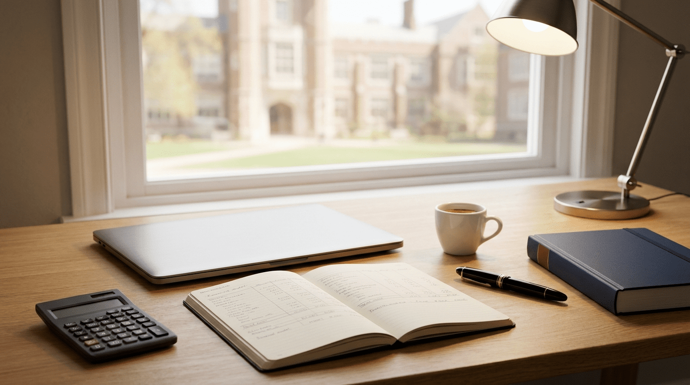 AI business for MBA grads workspace with financial modeling materials, laptop, and post-MBA strategic planning setup