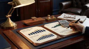 AI business ROI vs index fund investing workspace with comparative financial analysis materials