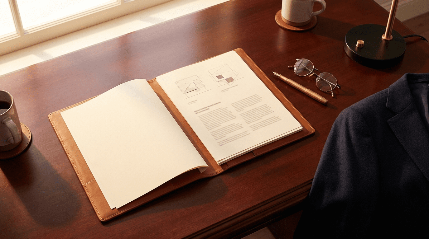 AI consultant LinkedIn profile for executives workspace with profile architecture documents and premium editorial setup