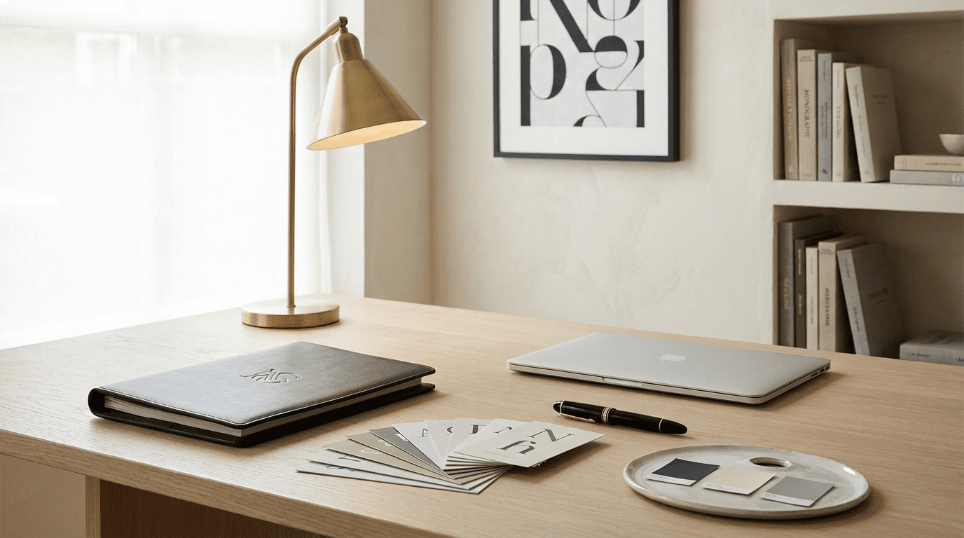 AI consulting brand for senior professionals brand design workspace with premium brand materials, typography samples, and executive office aesthetic