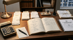 AI consulting business deductions guide workspace with comprehensive deduction list, organized receipts, accounting software, and CPA materials