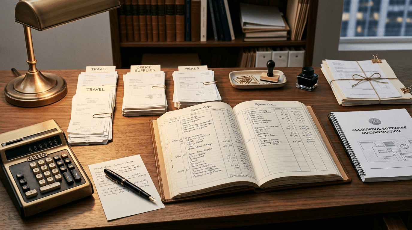 AI consulting business deductions guide workspace with comprehensive deduction list, organized receipts, accounting software, and CPA materials