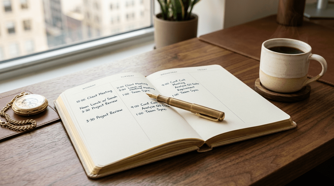 AI consulting four day work week workspace with compressed-cadence calendar showing Monday through Thursday operations and protected three-day weekends