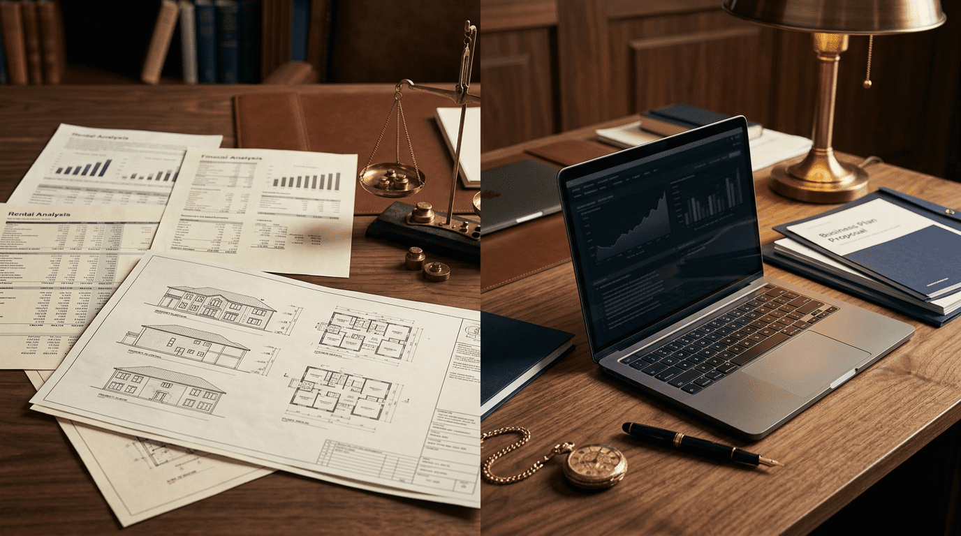 AI consulting vs real estate investing comparison workspace with property documents and AI business plan side by side, capital allocation analysis