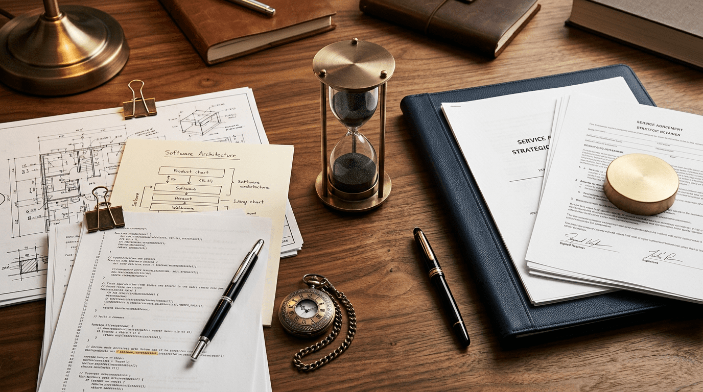AI consulting vs SaaS startup for professionals comparison workspace with code mockups and service consulting deliverables side by side