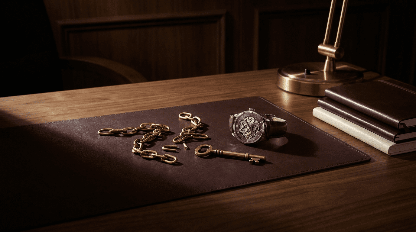 Escape the golden handcuffs AI business workspace with broken chains imagery and liberation aesthetic