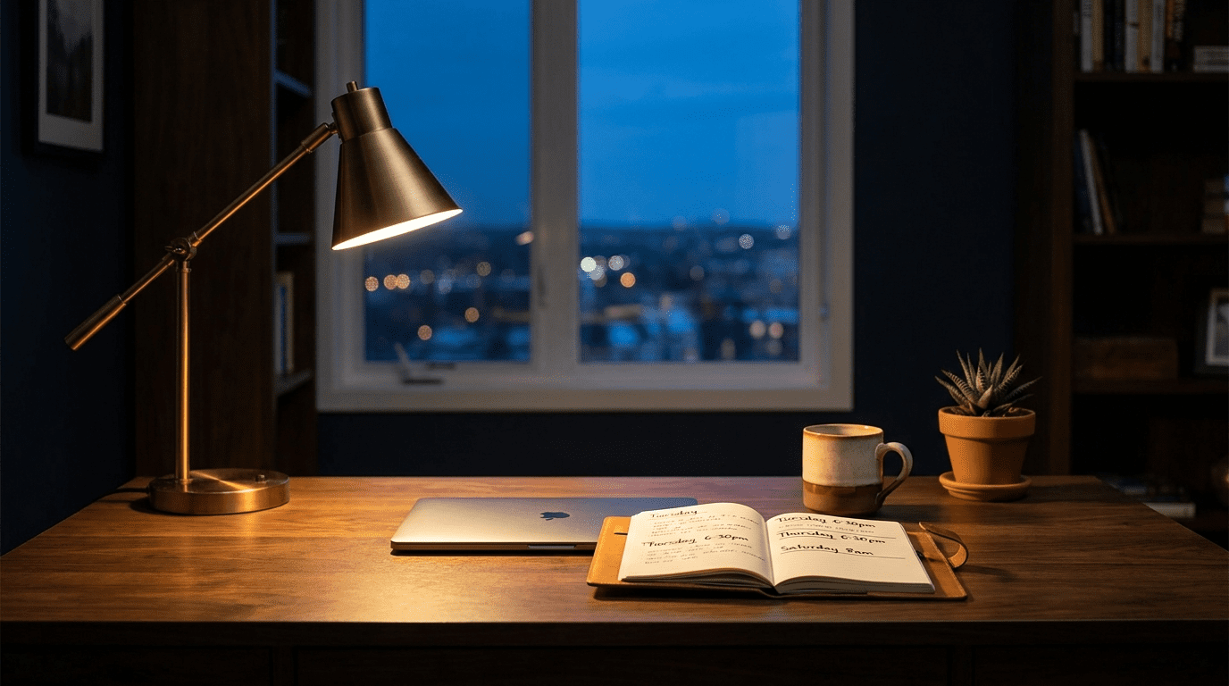 Evenings and weekends AI consulting business workspace with desk lamp, laptop, and weekend calendar