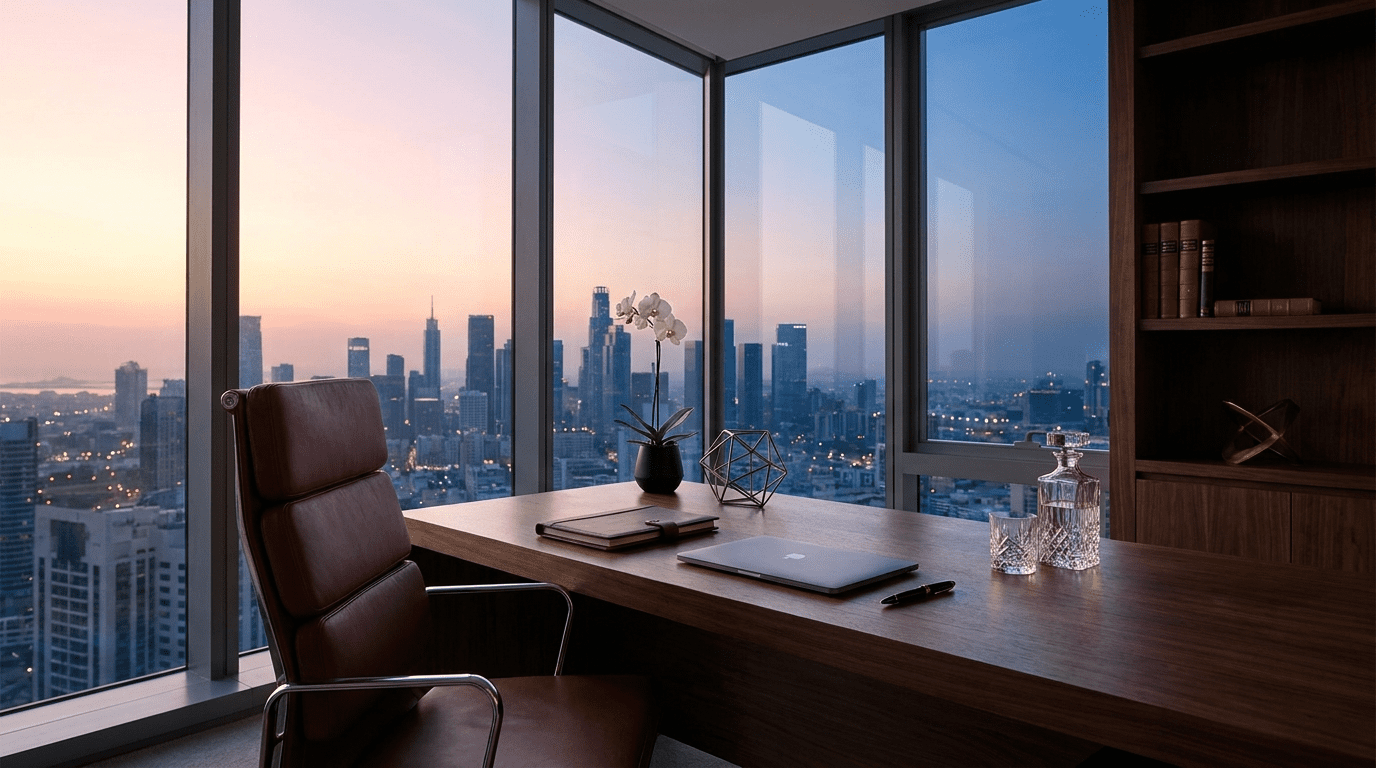 Executive transition to AI entrepreneurship workspace with corner office aesthetic, premium setup, and strategic planning materials
