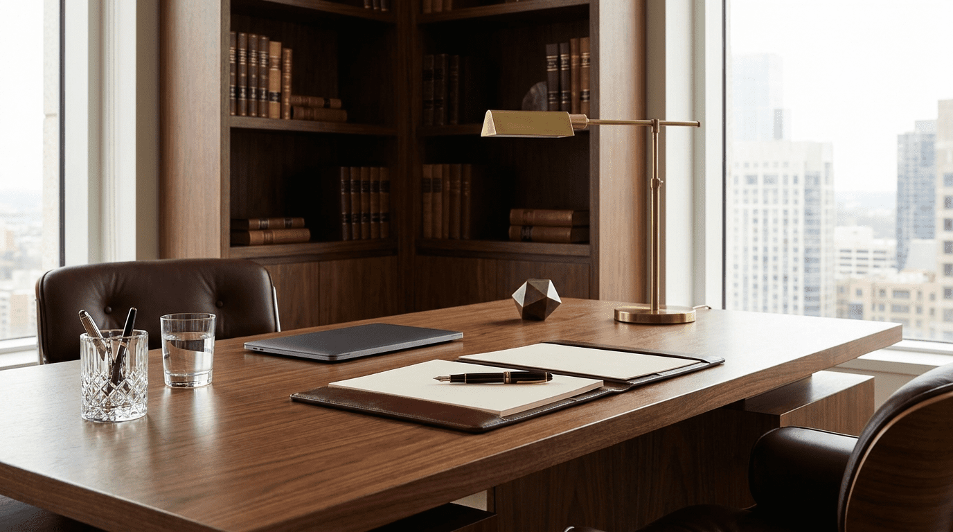 From director to founder AI consulting workspace with executive desk, premium setup, and agency dashboard
