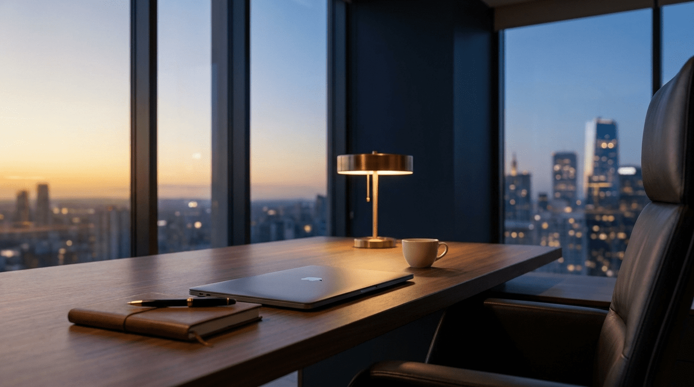 How to start AI agency with full time corporate job workspace with laptop, evening lighting, and agency dashboard