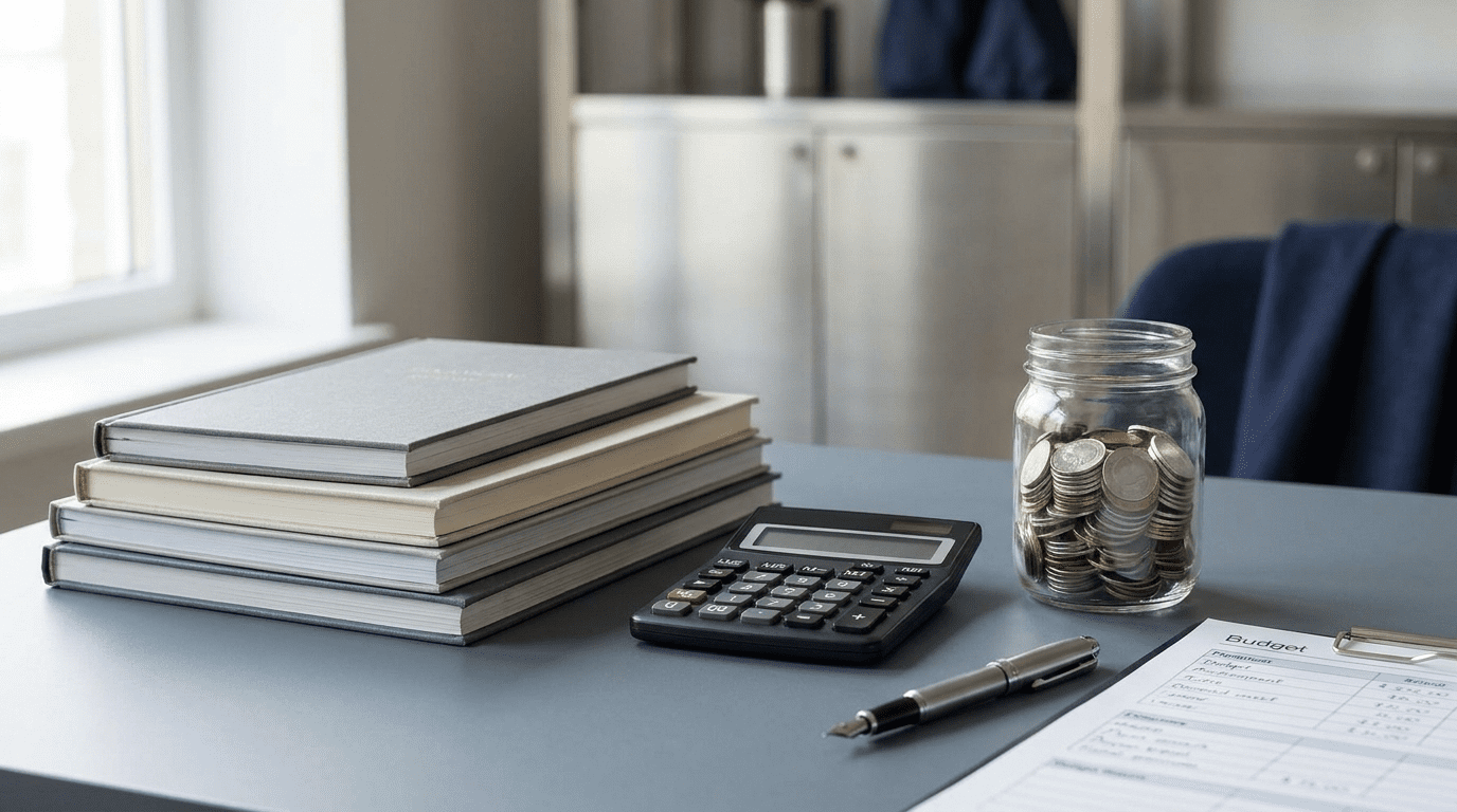 Low risk business to start with corporate savings workspace with financial planning materials and lean stack setup