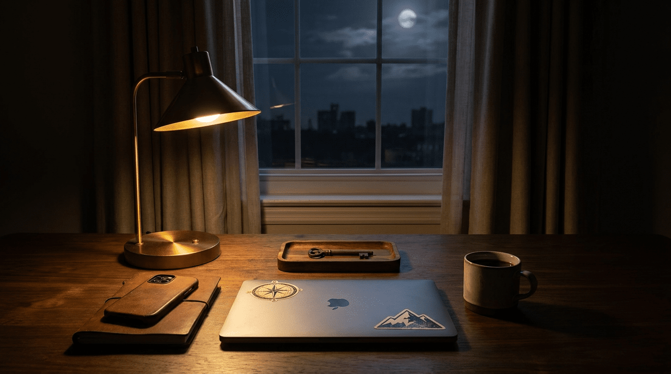 Moonlighting as an AI implementation consultant workspace with evening lighting, laptop, and stealth build setup