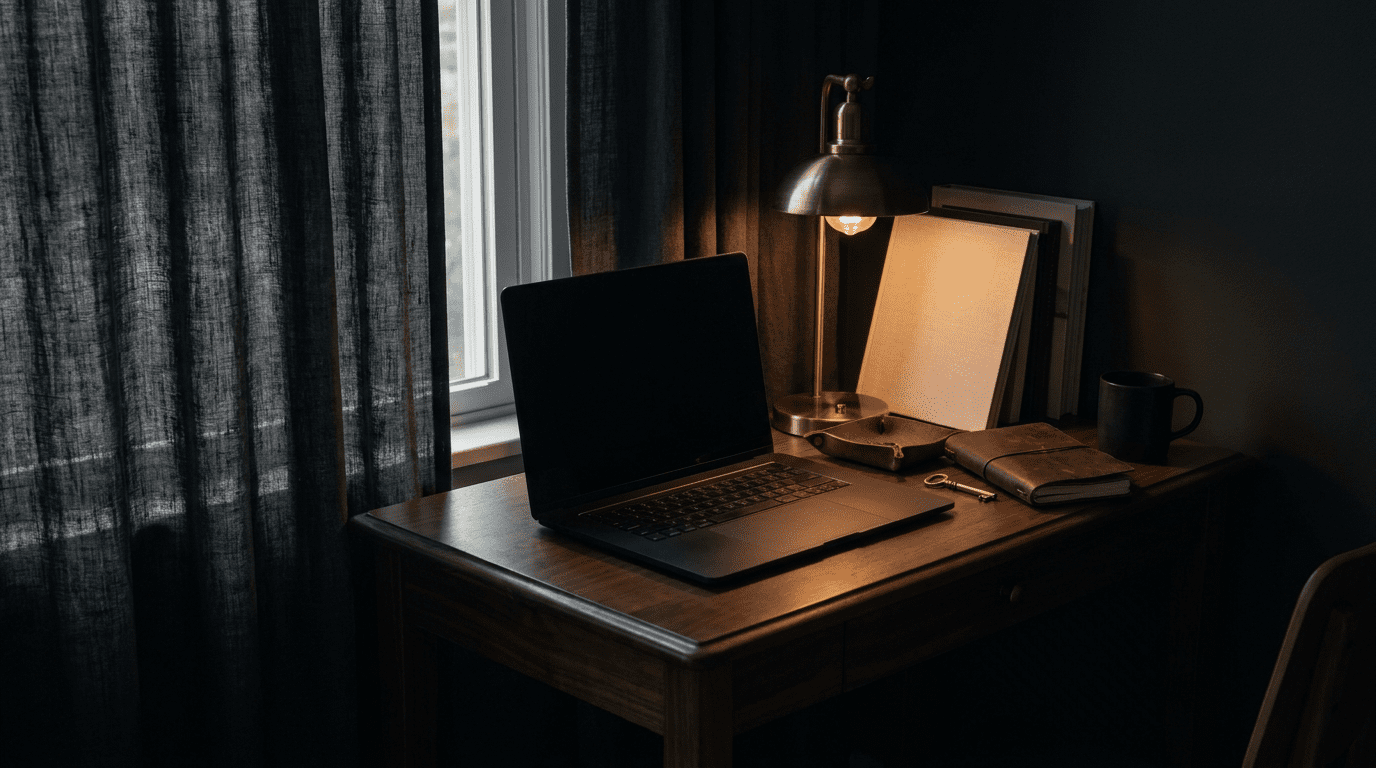 Stealth AI business while employed corporate workspace with personal laptop, private setup, and discreet build environment