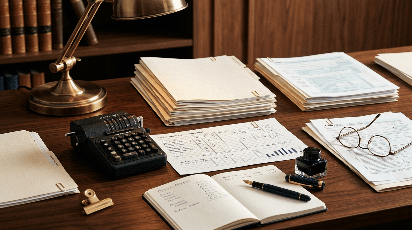 Tax benefits of AI consulting side business workspace with organized tax documents, deduction tracking spreadsheet, and CPA consultation materials