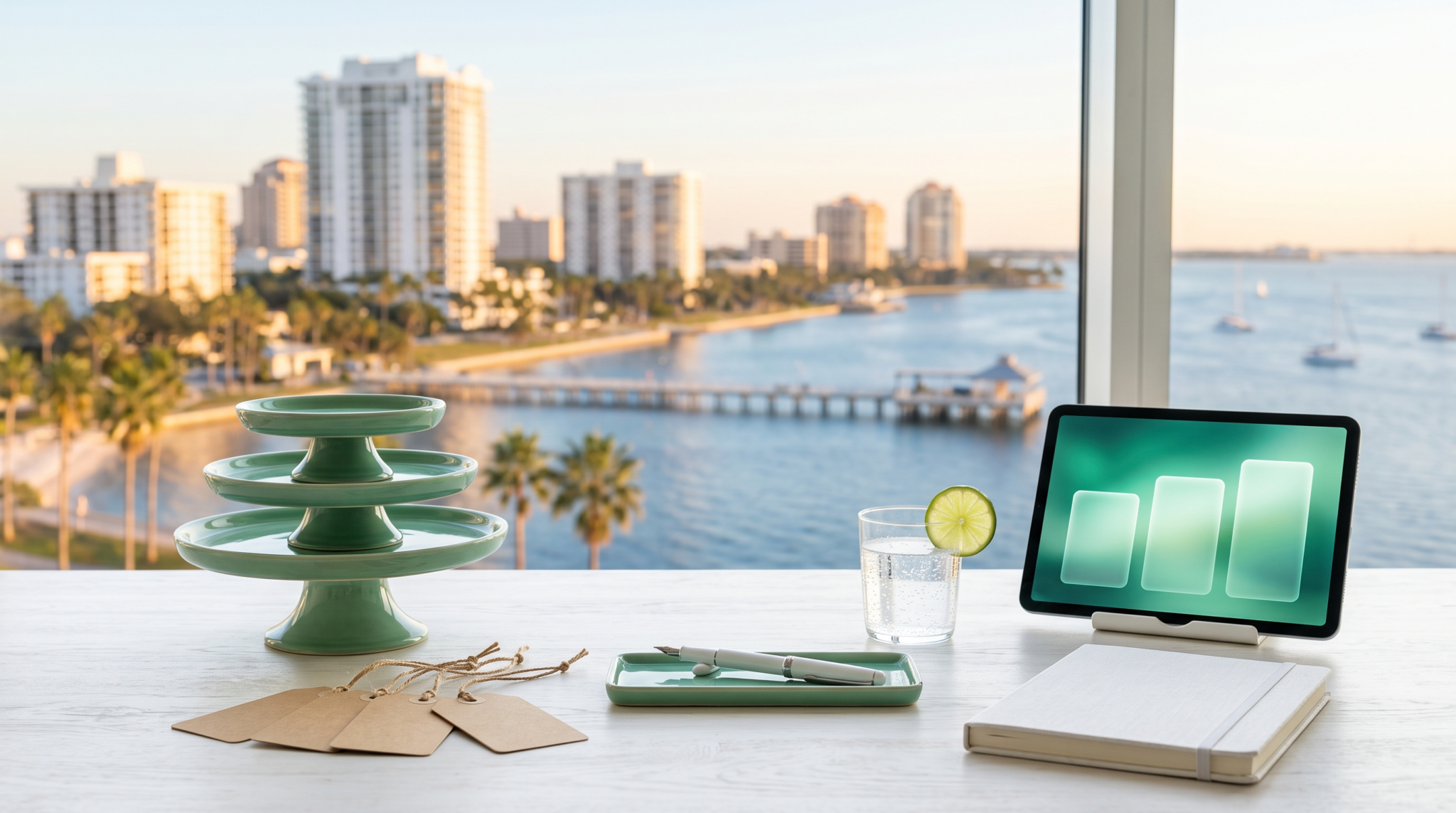 AI advisor retainer pricing workspace with three ceramic tiers and waterfront skyline view