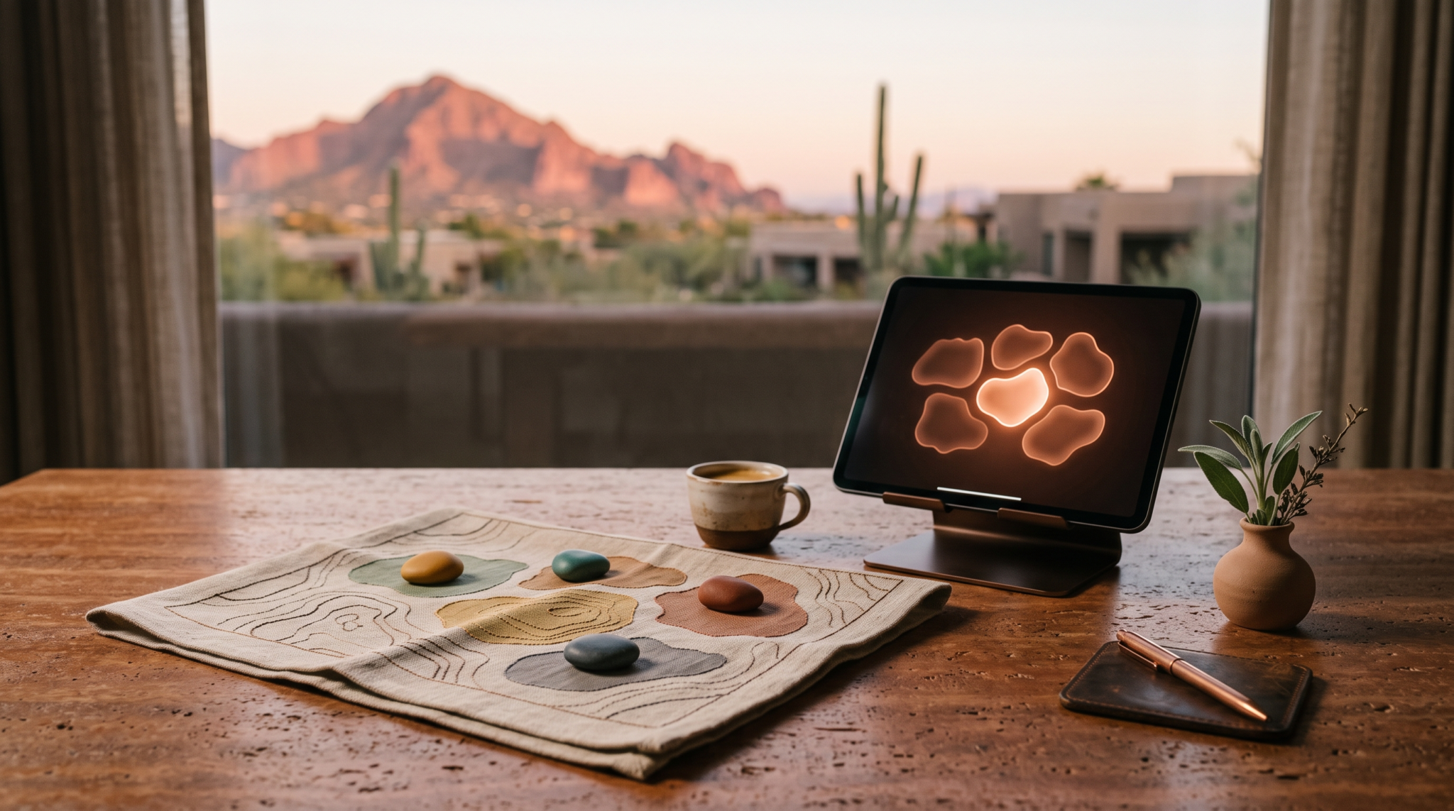 AI advisory roles for ex executives workspace with linen map and desert mountain view