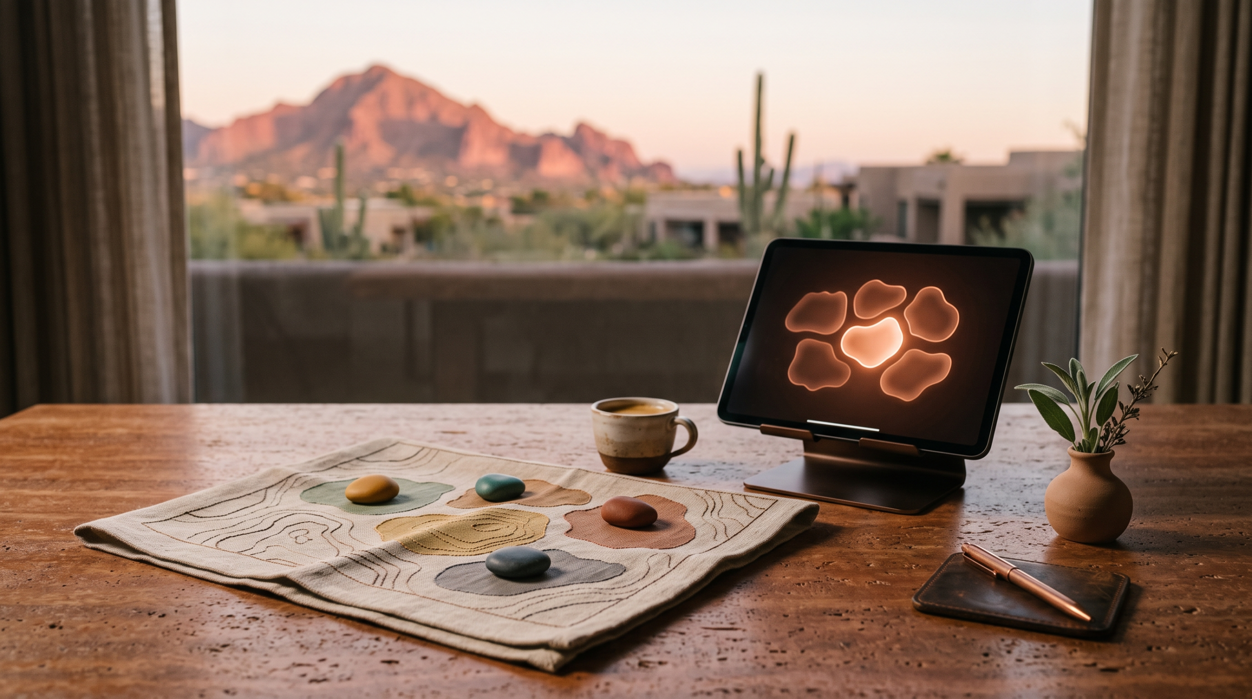 AI advisory roles for ex executives workspace with linen map and desert mountain view