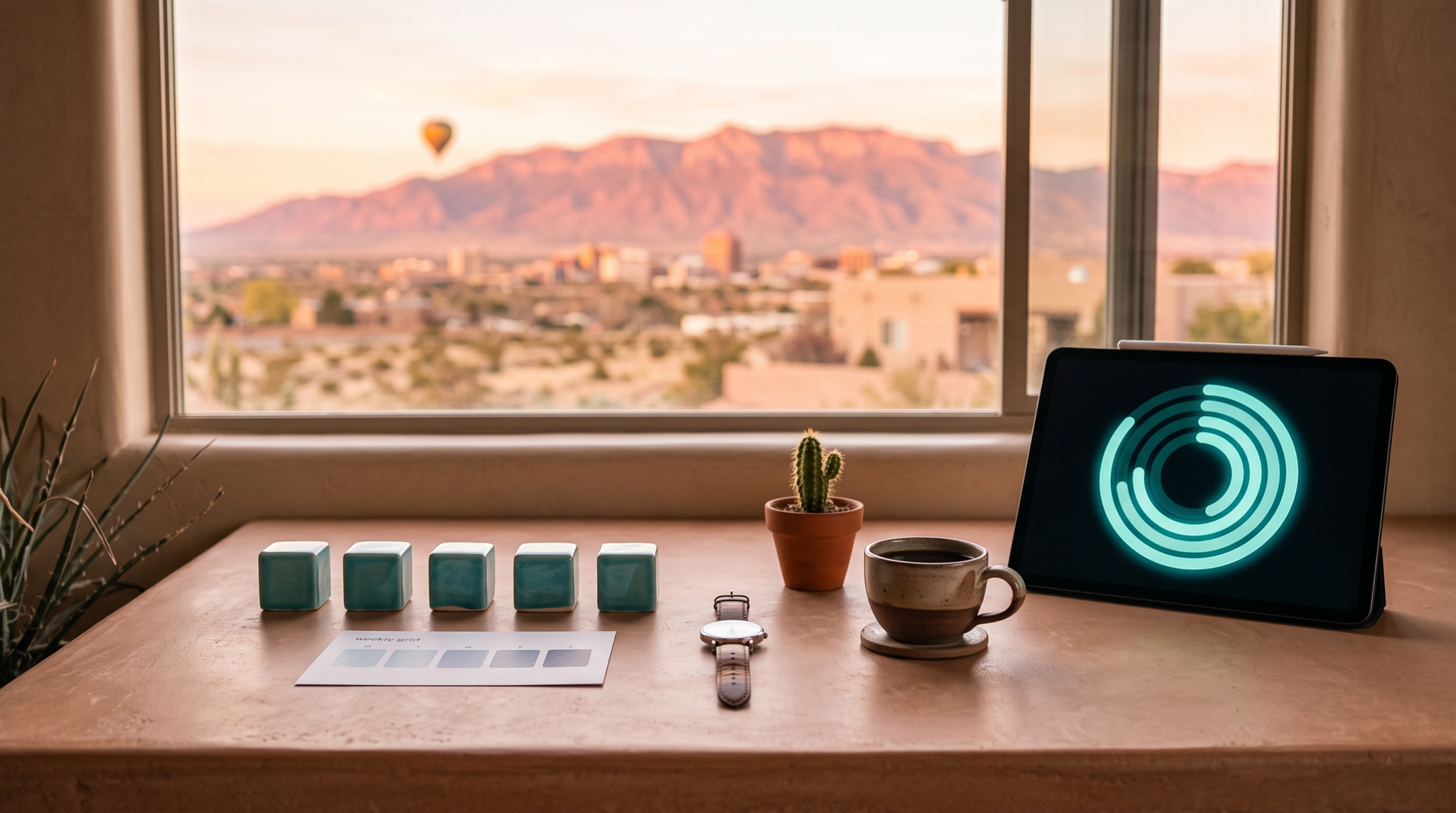 AI agency 5 hours per week revenue workspace with five blocks and desert mountain skyline