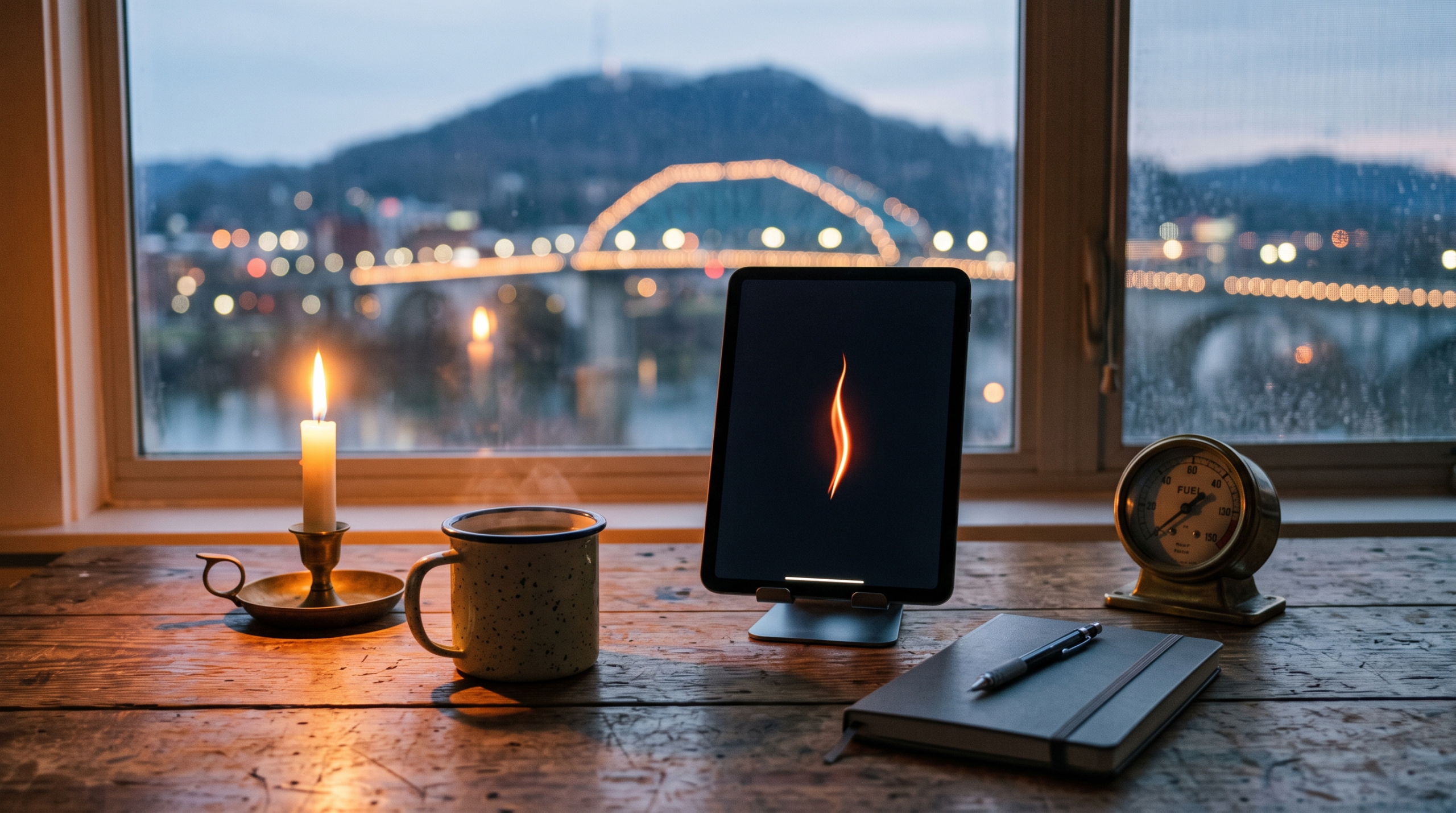 Ai agency burn rate solo founder workspace with runway gauge sketch and single flame candle