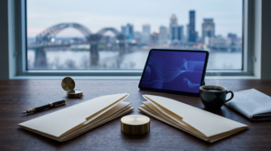 Ai agency m and a trends workspace with converging document streams and brass compass
