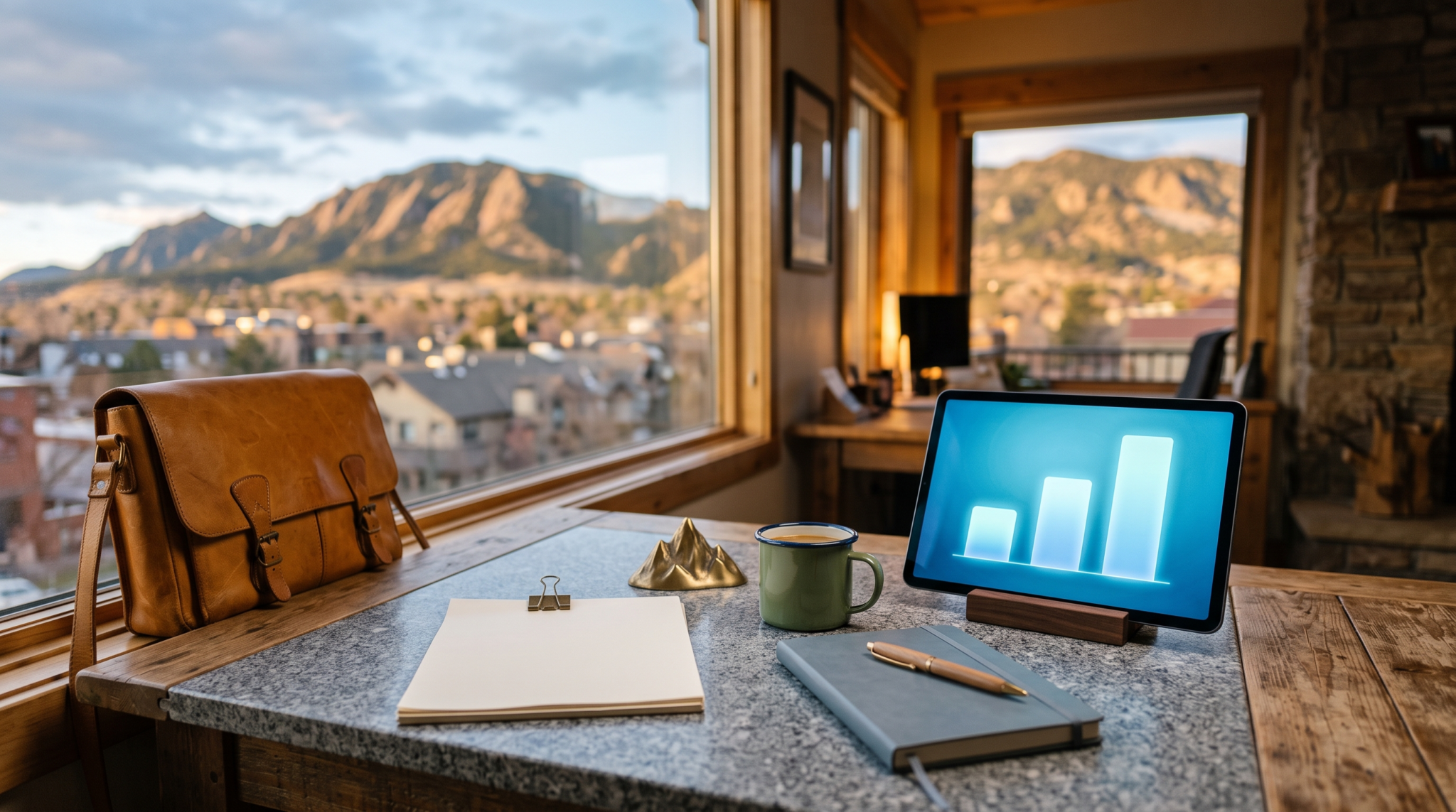 AI automation freelancing while employed corporate workspace with satchel and mountain skyline view