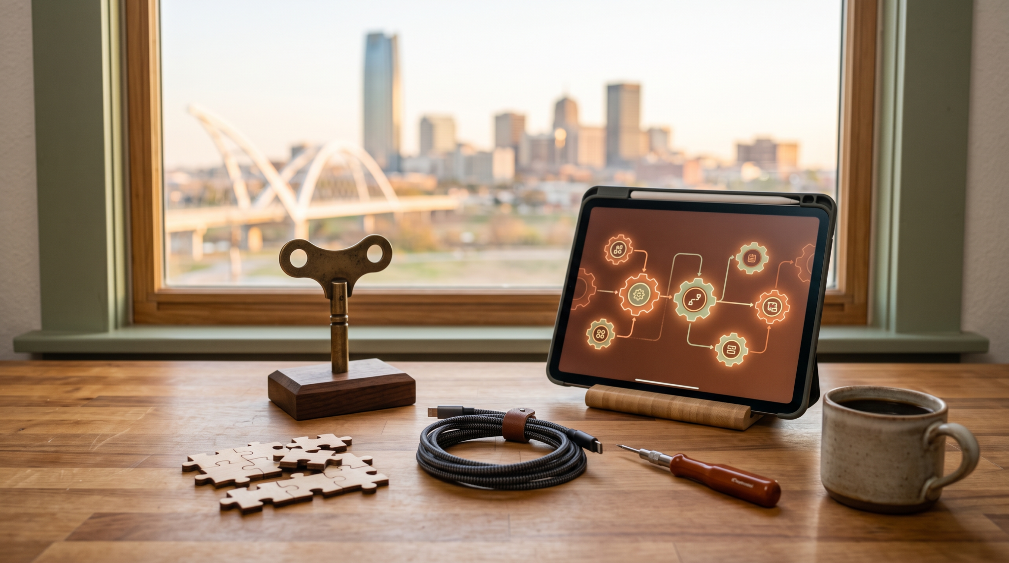AI automation side gig for corporate employees workspace with wind-up key and skyline view