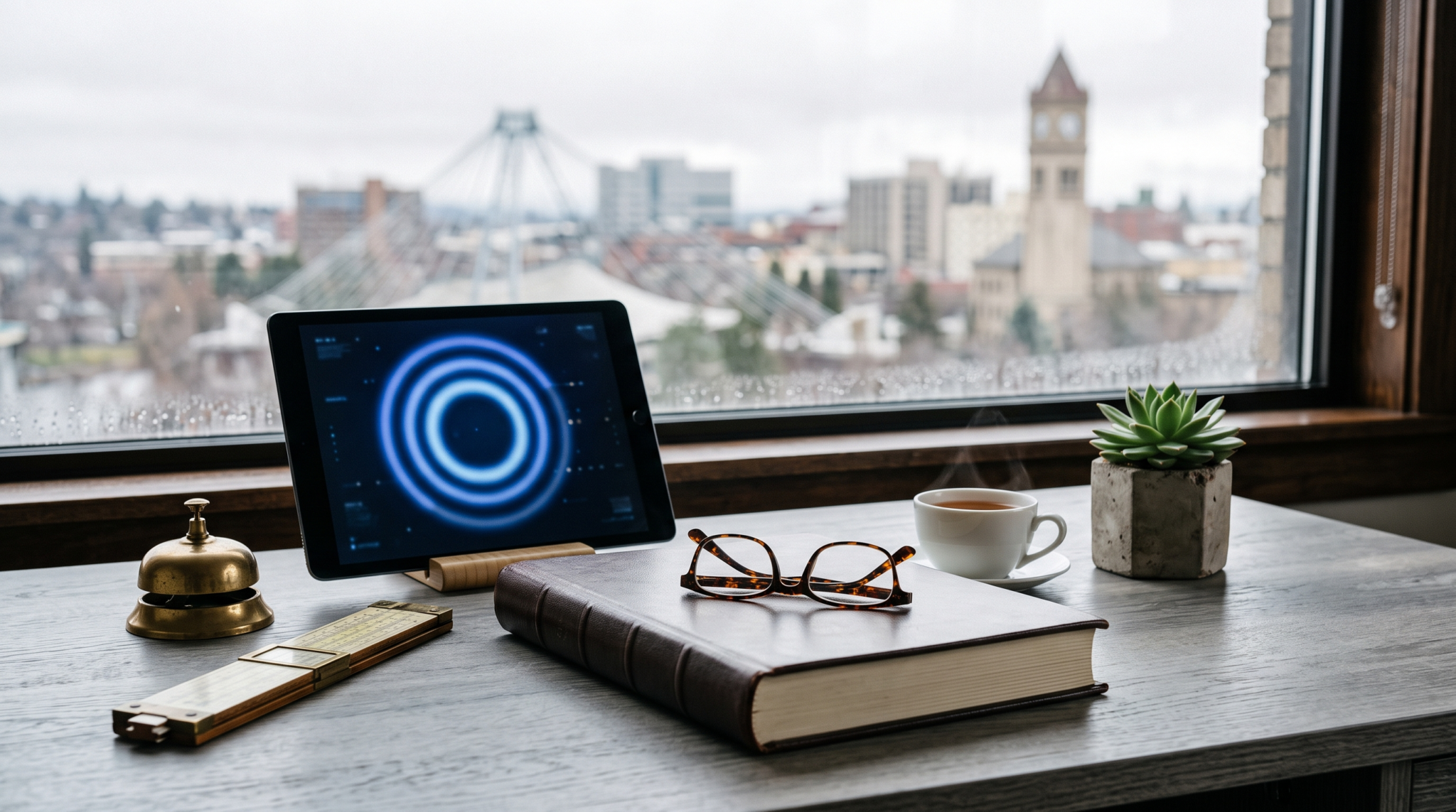 Ai consultancy valuation 2026 workspace with appraisal ledger and reading glasses