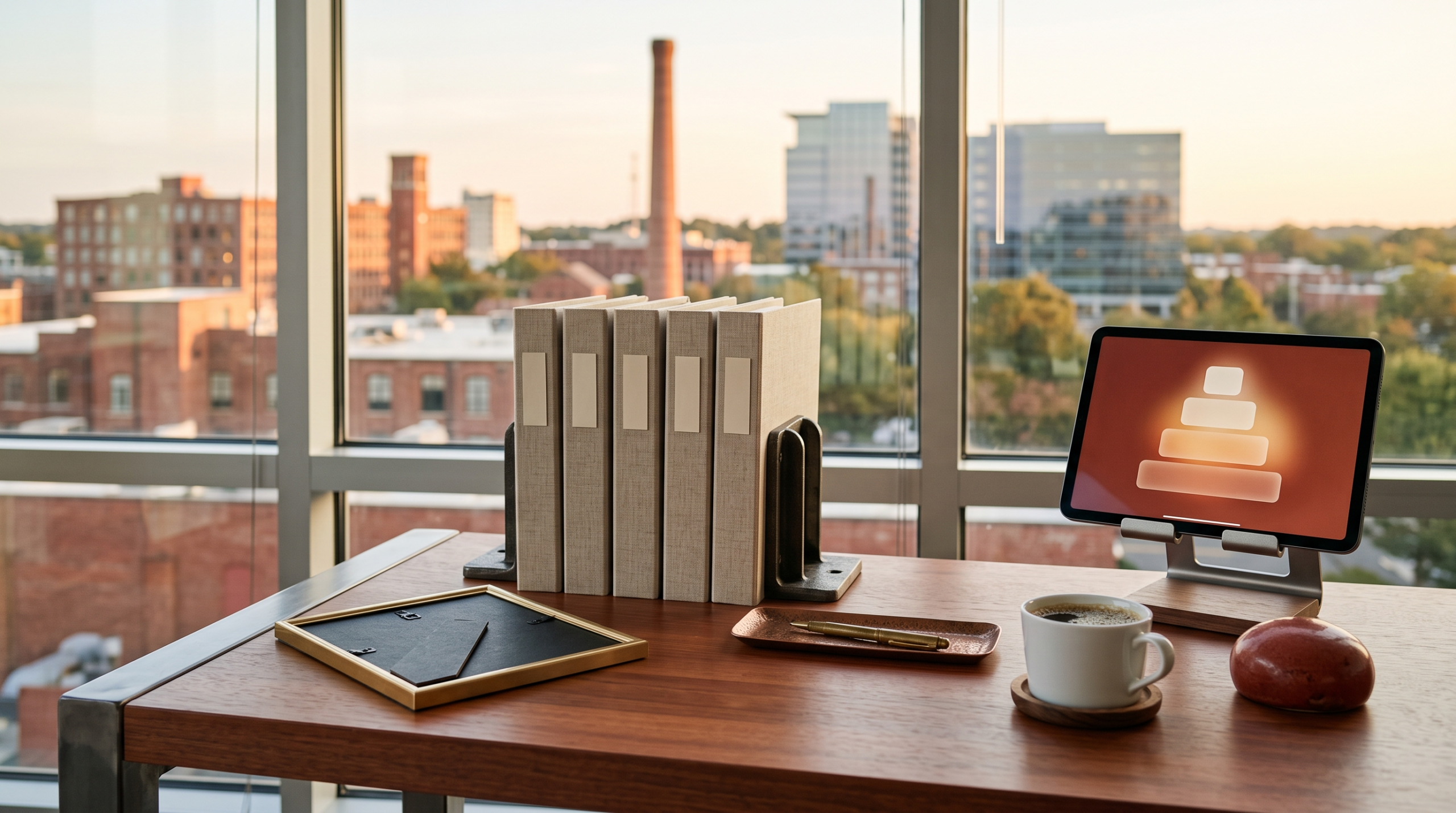 AI consultant credentials that actually matter workspace with face-down certificate frame and brick skyline view
